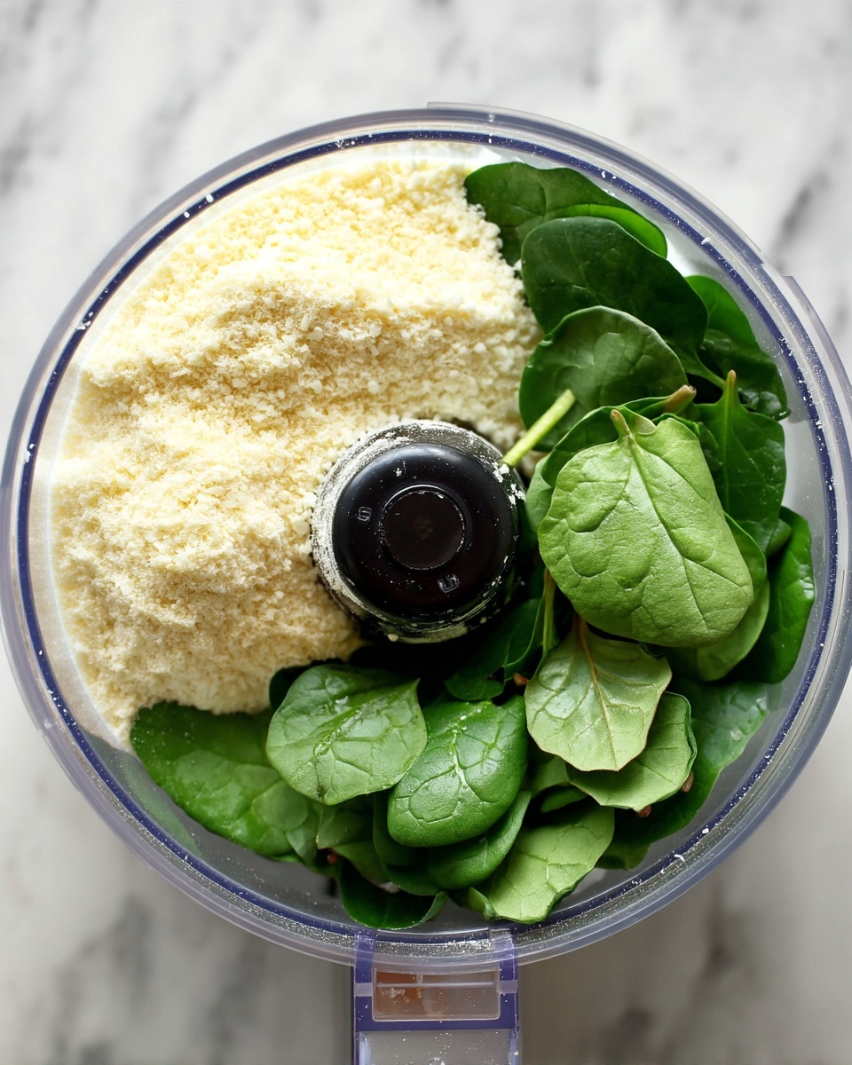 A clear food processor bowl is shown from above, containing three main layers: a base of light yellow powder spread unevenly, a pile of bright white powder on one side, and fresh dark green spinach leaves scattered over the powders. The clear lid’s center has a black circular gear around which these ingredients are arranged. The whole setup sits on a white marbled texture surface. Photo taken with an iphone --ar 4:5 --v 7