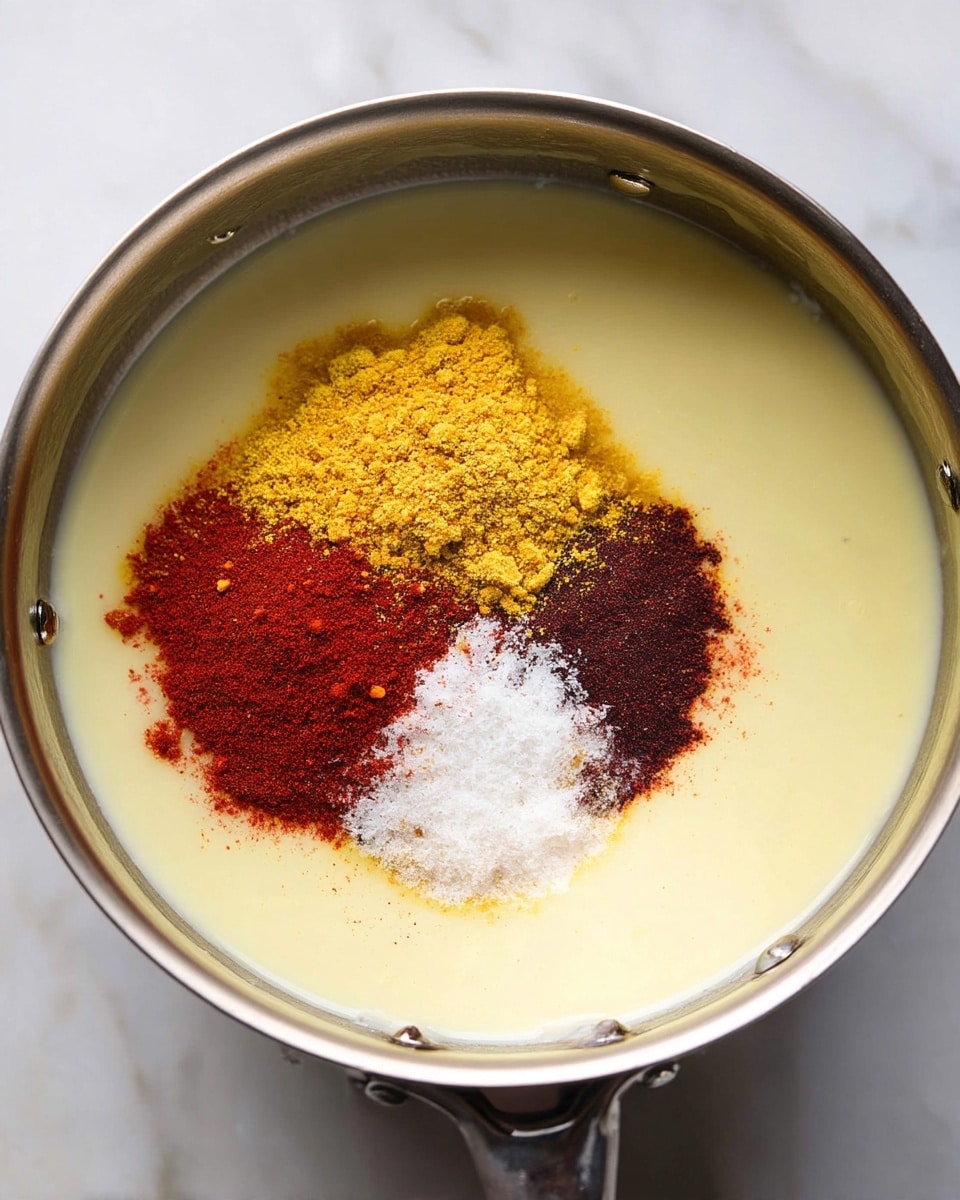 Inside a metal pot, there is a smooth, pale yellow liquid filling most of the pot. On top of the liquid, near the center, there is a small pile of dry spices in layers: bright yellow curry powder on the left, white salt in the middle, and dark red chili powder on the right. The pot is set against a white marbled surface. photo taken with an iphone --ar 4:5 --v 7