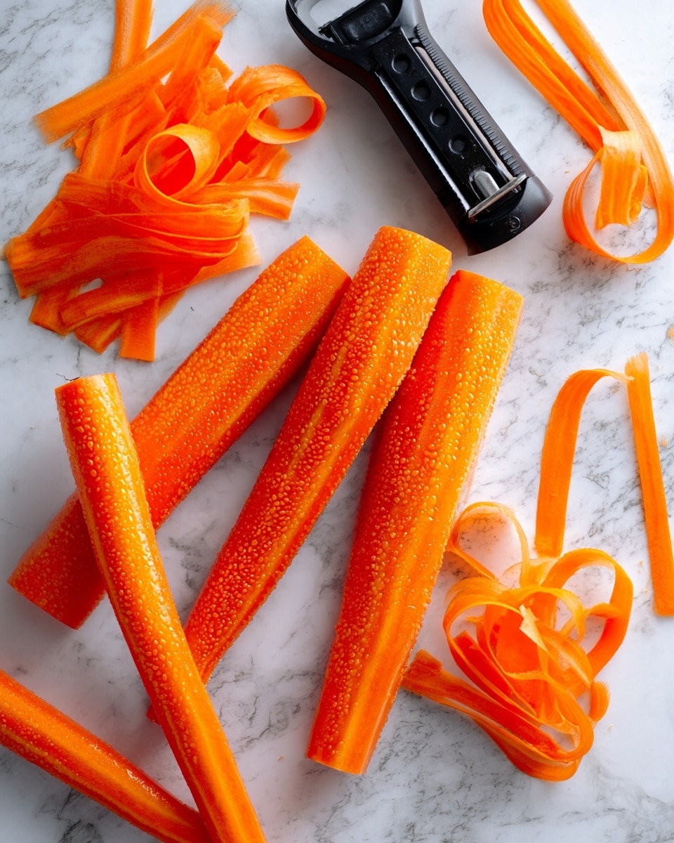 The image shows three whole bright orange carrots lying on a white marbled surface. Near them is a black peeler, with a peeled carrot next to it. Around the peeler are several thin, long orange carrot strips, some piled neatly to the side. The shiny texture of the carrot strips contrasts with the rough surface of the carrot pieces. photo taken with an iphone --ar 4:5 --v 7
