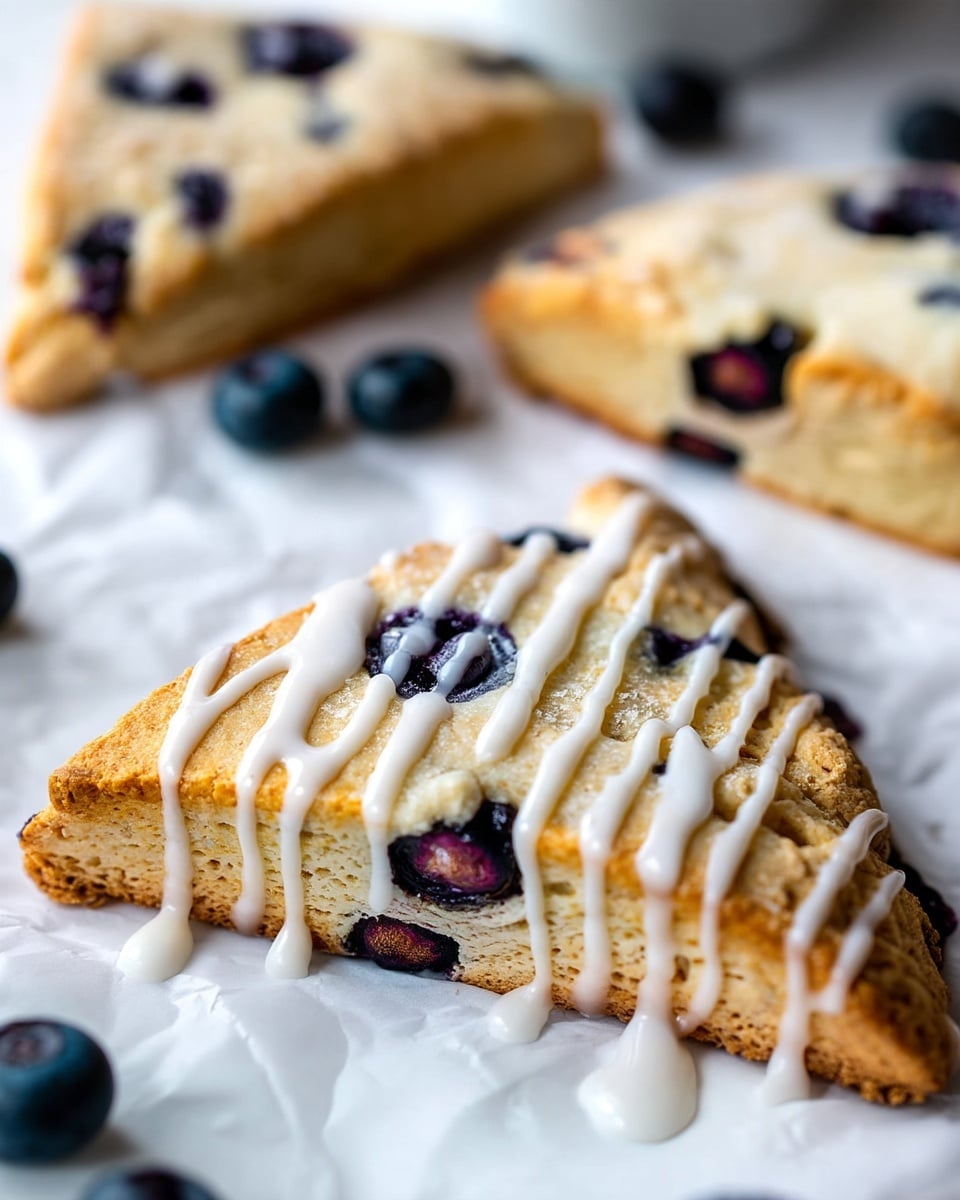A close-up view of a golden-brown triangular scone with visible blueberries embedded inside, drizzled on top with white icing in uneven lines. The scone has a slightly crumbly texture with dark blueberries peeking through the soft, light interior. It is placed on crinkled white parchment paper with parts of other similar scones and a few scattered blueberries blurred in the background on a white marbled surface. The lighting highlights the scone’s texture and the glossy icing. photo taken with an iphone --ar 4:5 --v 7