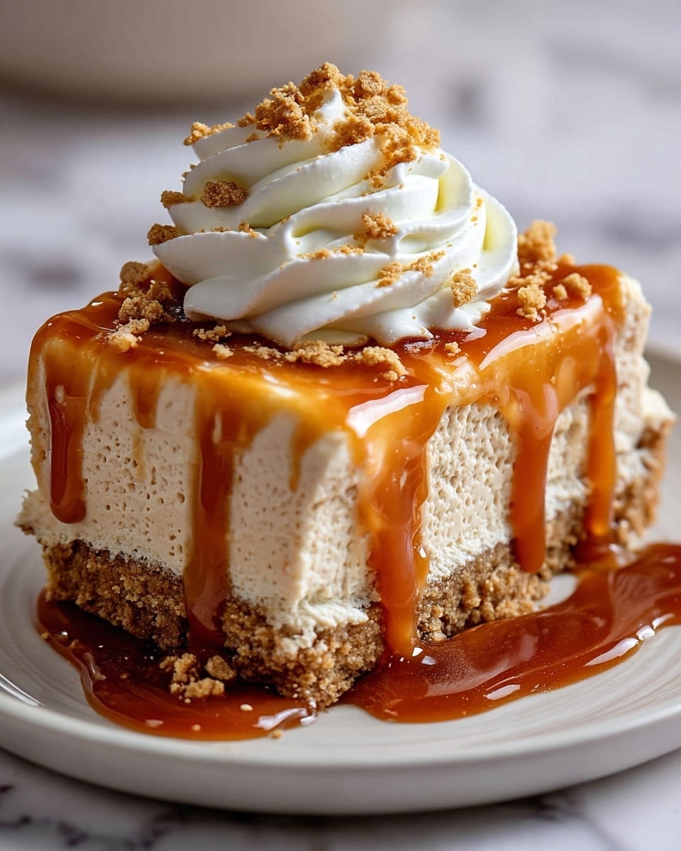 A close-up view of a slice of creamy beige cheesecake with a crumbly brown base at the bottom. The cheesecake slice is topped with a smooth caramel sauce that is dripping down the sides and pooling on the white plate below. On top of the caramel sauce, there is a swirl of white whipped cream with small brown crumbs sprinkled over it. The plate rests on a white marbled surface. photo taken with an iphone --ar 4:5 --v 7