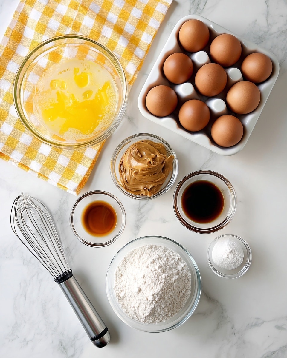 The image shows various baking ingredients arranged on a white marbled surface. There is a clear glass bowl with melted butter on the top left, sitting above a yellow and white checkered cloth. Near it, there is a white egg carton holding six brown eggs. Below and to the right of the eggs are five small glass bowls containing different ingredients: one with smooth brown peanut butter, one with white granulated sugar, one with a dark brown liquid (vanilla extract), one with white flour measured in a glass cup, and one with a small amount of white powder (baking soda). A metal whisk with a black and silver handle lies diagonally at the bottom left. The setup is clean, bright, and ready for baking. photo taken with an iphone --ar 4:5 --v 7