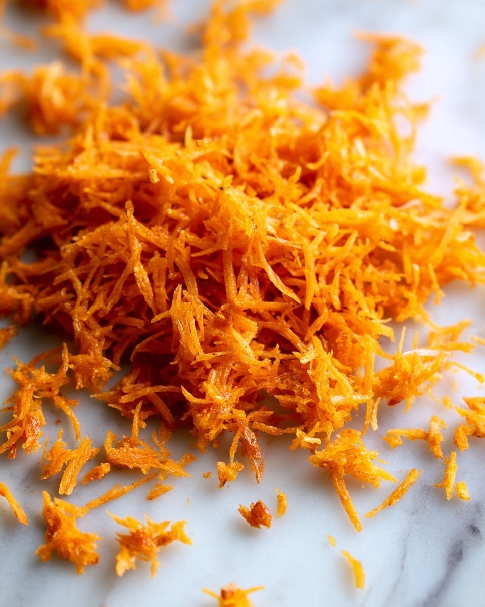 The image shows thin orange shredded pieces spread evenly on a white marbled surface. The texture is soft and moist with some small clumps, and the shredded pieces have a slightly shiny look. The scattered arrangement covers the surface, giving a close-up view of this fibrous, brightly colored layer. photo taken with an iphone --ar 4:5 --v 7