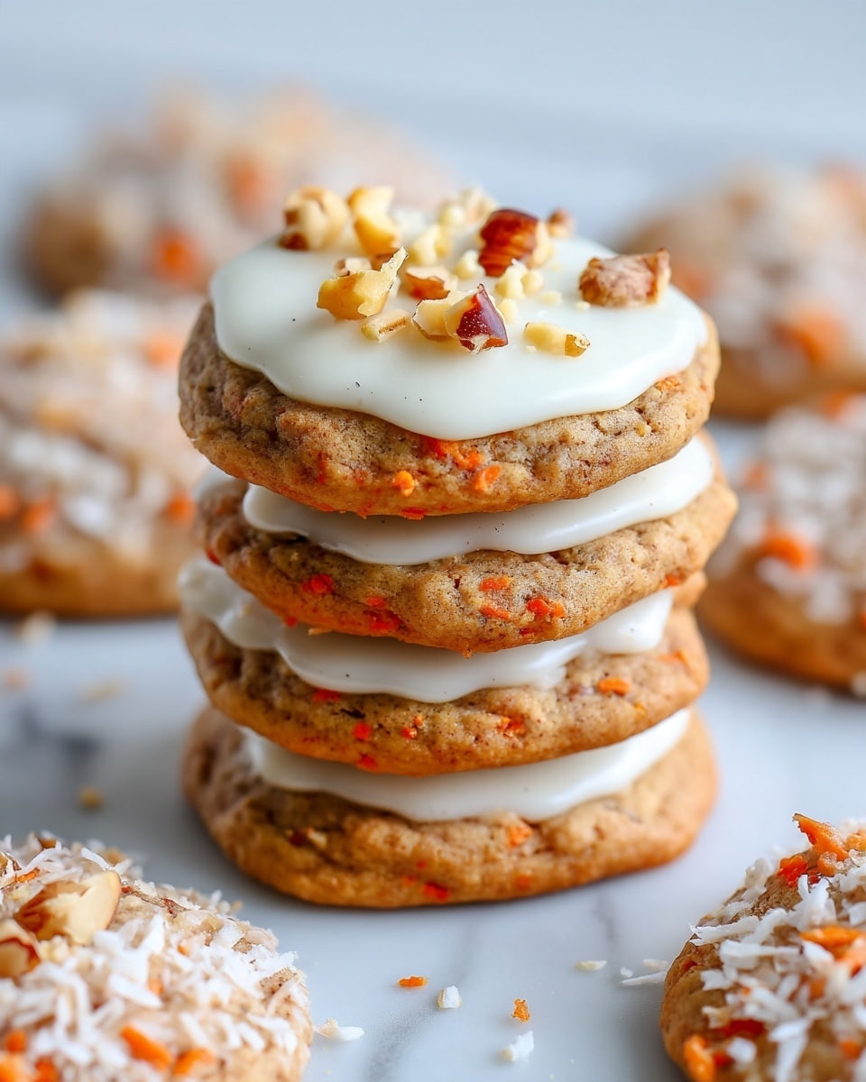 The image shows a close-up of multiple round carrot muffins with a textured surface. The muffins are light brown in color with small, orange bits of carrot visible throughout. Each muffin has a slightly cracked and uneven top, giving a homemade look. Some muffins in the background have a light sprinkling of white coconut flakes on top, adding texture contrast. The muffins are arranged on a white marbled surface. photo taken with an iphone --ar 4:5 --v 7
