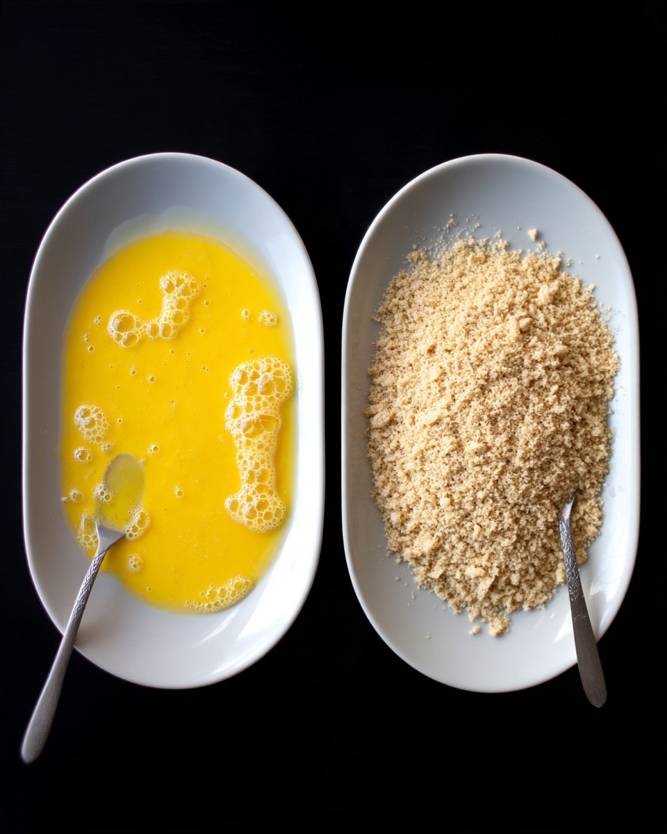 Two white plates sit side by side on a black surface. The left plate holds a layer of beaten eggs, bright yellow with a few bubbles on the shiny surface and a silver fork resting on the edge. The right plate is filled with a layer of light beige breadcrumbs, finely textured with a few small clumps scattered around. The contrast between the smooth, liquid egg and the dry, crumbly coating is clear. photo taken with an iphone --ar 4:5 --v 7