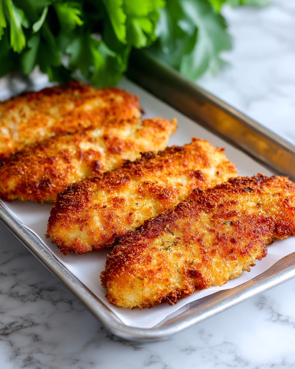 The image shows four pieces of crispy fried chicken placed side by side on a metal tray lined with white paper. Each chicken piece has a golden brown, crunchy outer layer with some darker and lighter toasted spots, showing a rough texture typical of a breaded fry. The tray sits on a white marbled surface with some green leafy garnish blurred in the back, adding a touch of color contrast. The photo is taken with an iphone --ar 4:5 --v 7