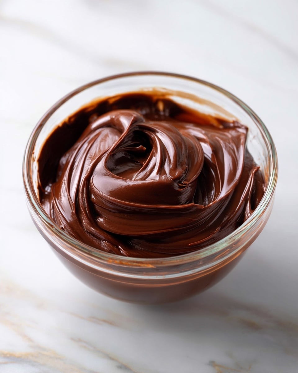 A clear glass bowl sits on a white marbled surface, filled with a thick, glossy dark brown chocolate mixture that is smooth and creamy. The chocolate is twisted into soft peaks in the center, with some of it spread thinly along the inner sides of the bowl, showing its rich texture. Bright light highlights the shiny parts of the chocolate, making it look fresh and luscious. photo taken with an iphone --ar 4:5 --v 7