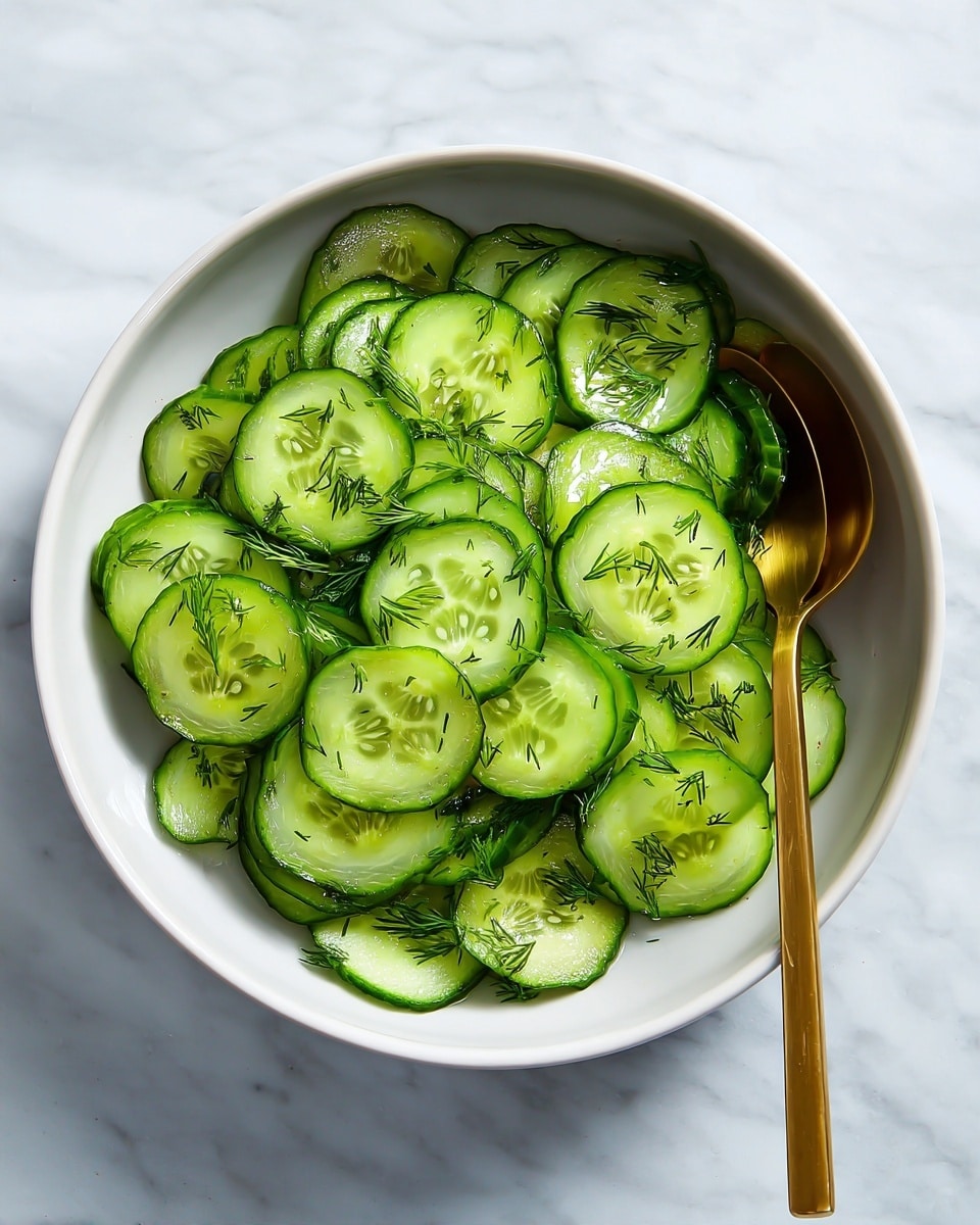 A white bowl is filled with thin round slices of green cucumber, each slice showing a fresh, moist texture with tiny dill pieces sprinkled evenly on top. The cucumbers overlap slightly, creating a layered effect that covers the whole bowl. A shiny gold spoon rests inside the bowl on the right side. The bowl is placed on a white marbled surface. photo taken with an iphone --ar 4:5 --v 7