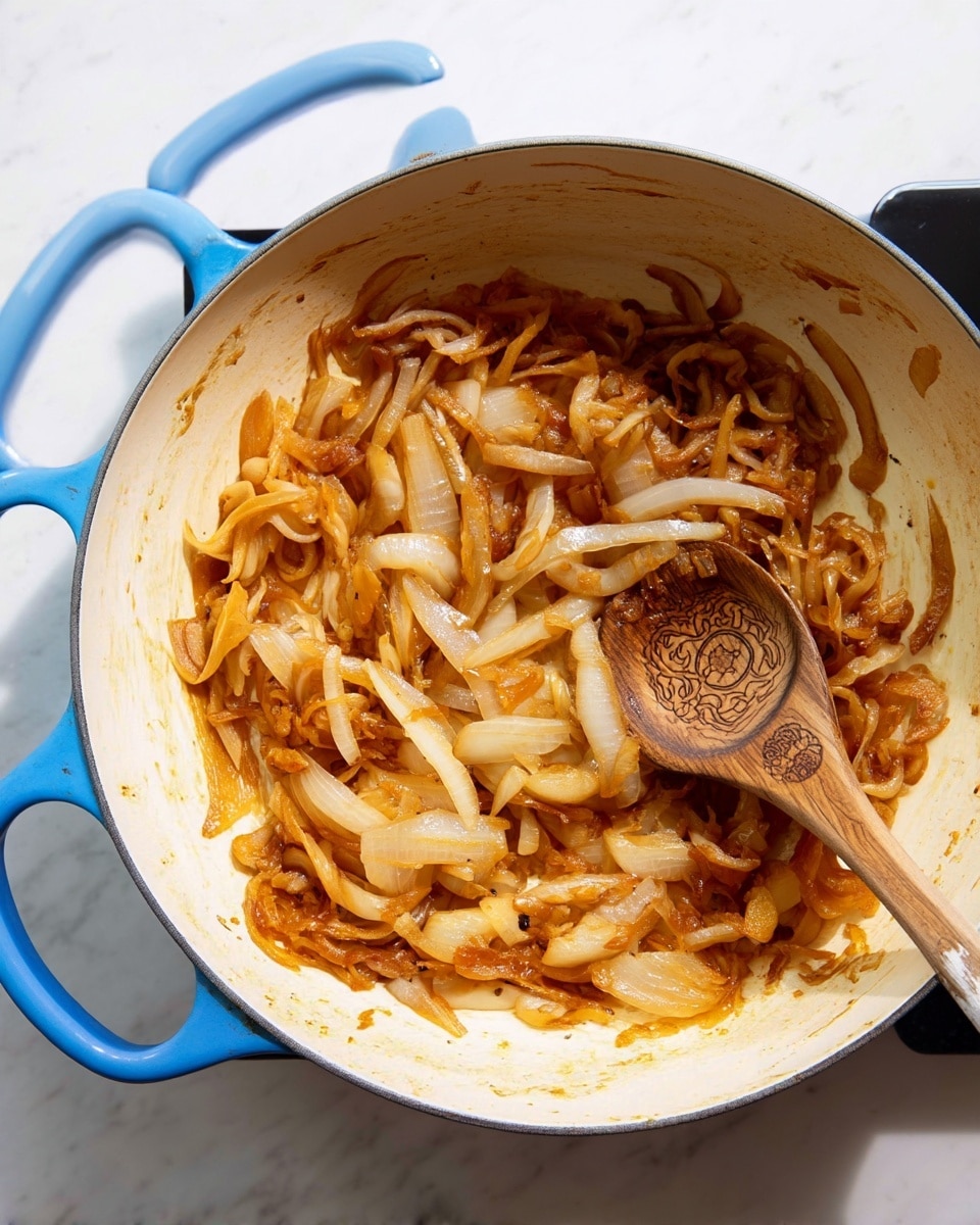 A large white pot with blue handles contains cooked onions that are soft and golden brown, spread unevenly around the inside of the pot. A wooden spoon with a carved design on the handle rests inside, stirring the onions. The pot sits on a black stovetop, and the background is a white marbled surface. The onions have a slightly glossy texture showing they have been cooked in oil or butter. photo taken with an iphone --ar 4:5 --v 7