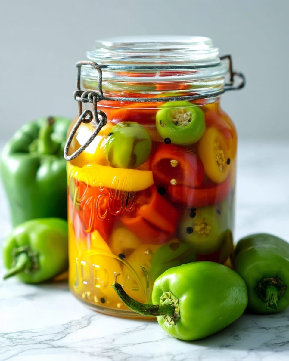 A clear glass jar filled with three main layers of pickled peppers in oil: the bottom layer has green peppers with some black seeds visible, the middle layer shows bright yellow peppers, and the top layer has red peppers along with a few light yellow pepper pieces, all tightly packed and shiny with oil. The jar has a metal latch clasp on the side and is placed on a white marbled textured surface, with two whole green peppers blurred in the background. Photo taken with an iphone --ar 4:5 --v 7