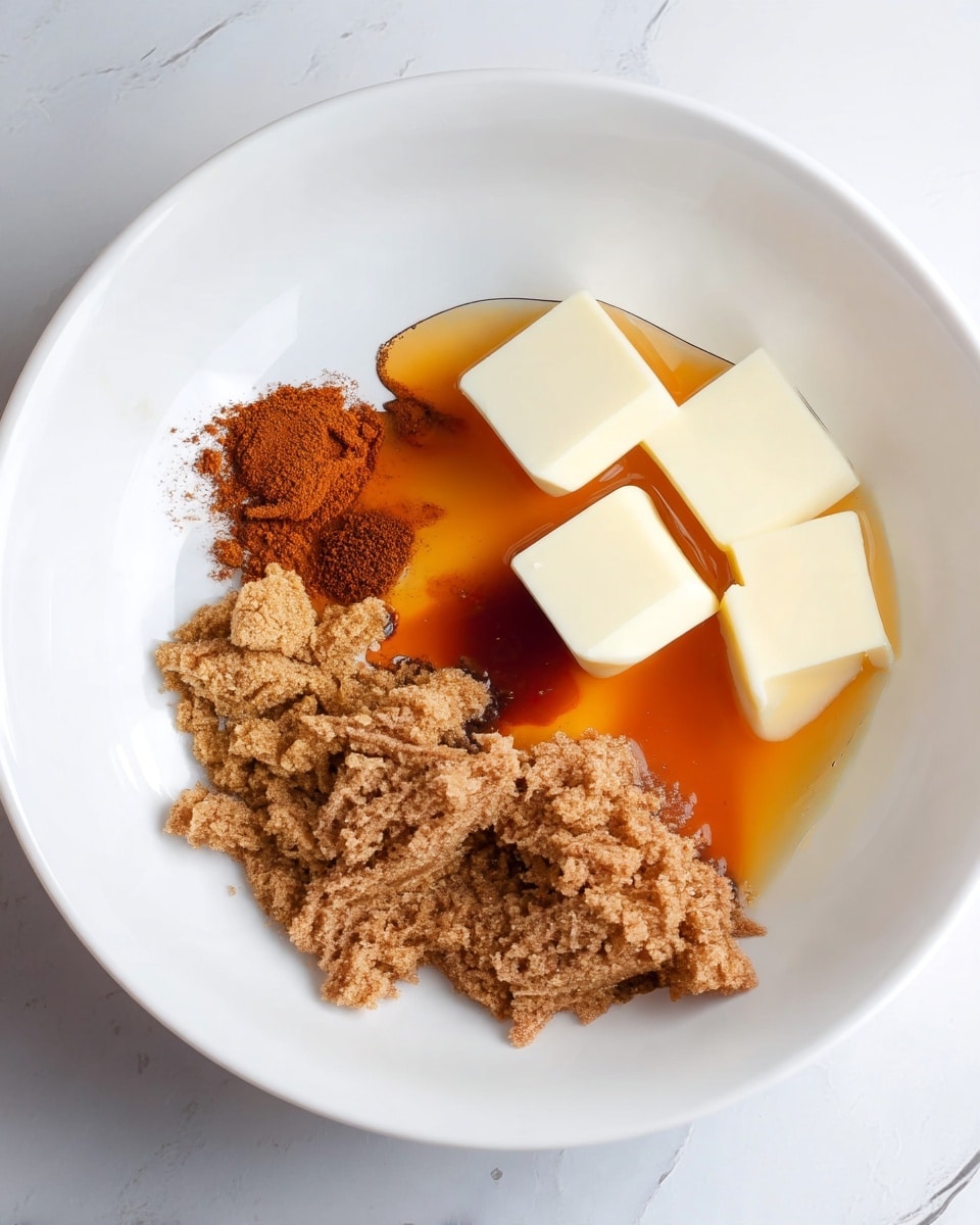 A white bowl sits on a white marbled surface, holding four separate ingredients arranged in sections. At the top right are four small cubes of pale yellow butter, smooth and solid. Below them, a thick amber liquid pools, contrasting with the butter. To the left side of the bowl, there are two spices: a small pile of reddish-brown cinnamon powder near the top left corner and a slightly darker, ground spice just below it. At the bottom left, a crumbly, light brown substance fills a larger area, with a texture that looks soft and slightly rough. photo taken with an iphone --ar 4:5 --v 7