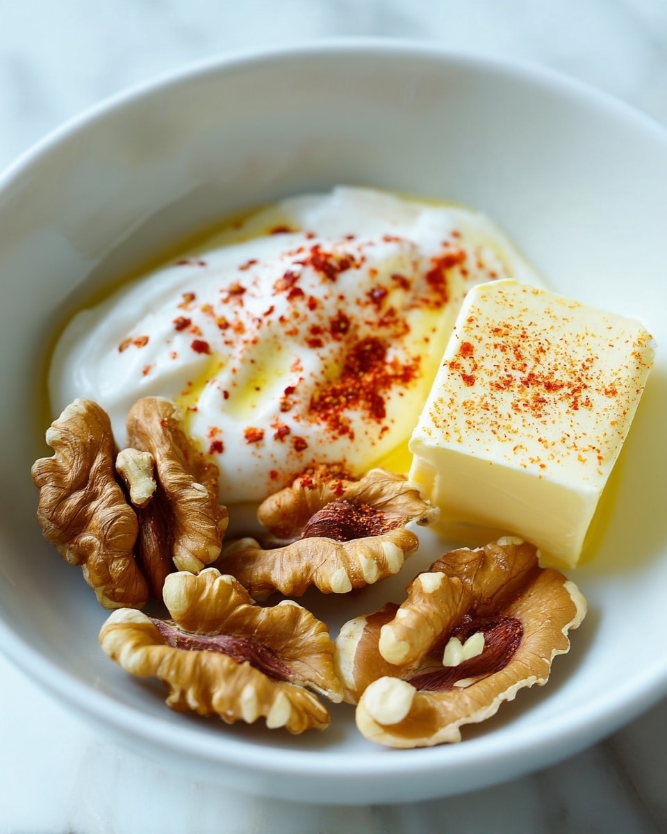 A white bowl on a white marbled surface holds a small pile of walnut halves scattered unevenly. Near the walnuts is a dollop of white creamy yogurt mixed with some red spice sprinkled on top. In the foreground, there is a square piece of soft, pale yellow butter resting on the bowl edge. The overall colors are warm and natural, showing textures of smooth yogurt, rough walnut shells, and soft butter. Photo taken with an iphone --ar 4:5 --v 7