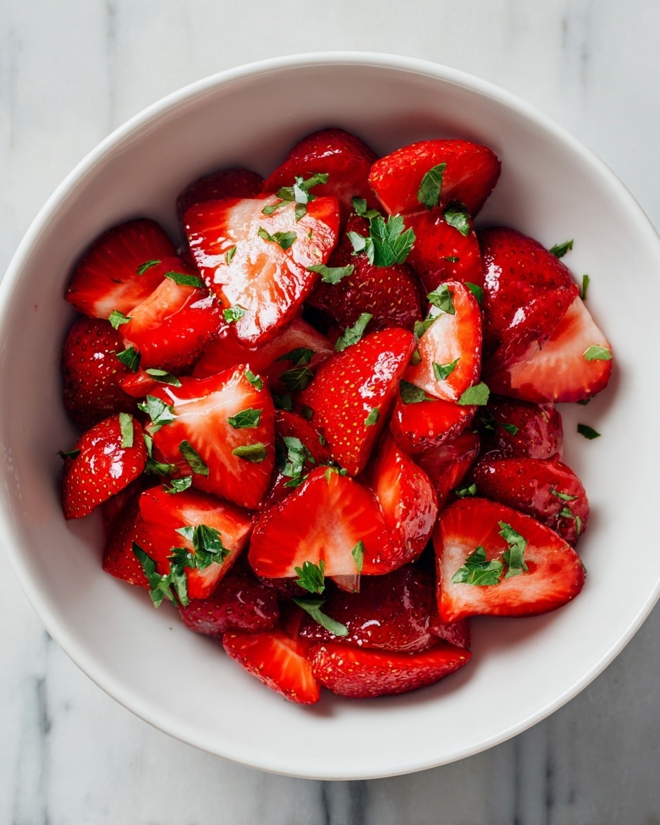 A white bowl sits on a white marbled surface, filled with sliced bright red strawberries layered evenly inside. Over the strawberries, small pieces of fresh green herbs are scattered, adding a touch of contrast and freshness. The strawberries appear juicy and slightly shiny, with different shapes from halved to quartered pieces. Photo taken with an iphone --ar 4:5 --v 7