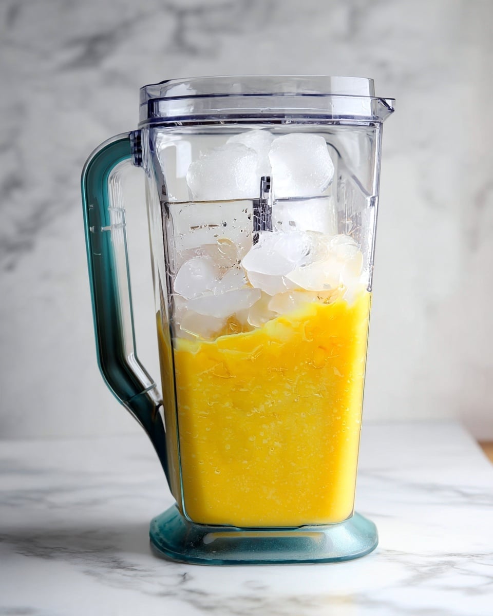 The image shows a blender filled with layers of ingredients. At the bottom, there is a thick yellow mixture with a smooth texture. Above this is a clear layer of ice cubes stacked to the top of the blender. The blender jar is transparent, and the handle is visible on the left side. The background is white marbled texture. photo taken with an iphone --ar 4:5 --v 7