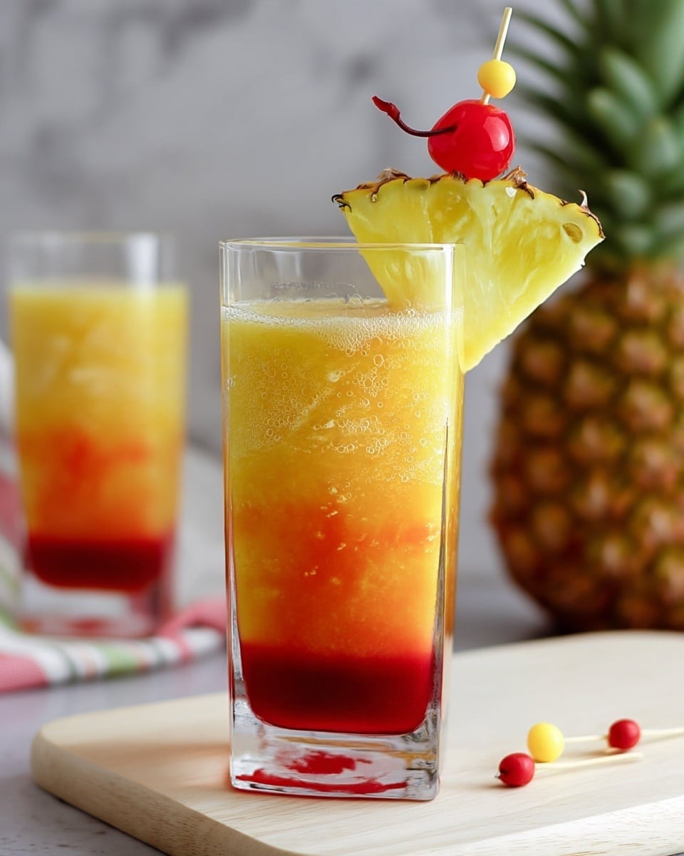 The image shows a tall clear glass filled with a three-layer drink placed on a light wooden surface with a white marbled texture background. The bottom layer is a deep red color, the middle is a bright yellow-orange gradient, and the top layer is a frothy, light yellow texture. Garnishing the drink is a wedge of pineapple with rough brown and green skin and bright yellow flesh, perched on the rim. A shiny red cherry with a yellow decorative skewer is placed on top of the pineapple wedge. In the background, there is a second glass with a similar drink. Photo taken with an iphone --ar 4:5 --v 7