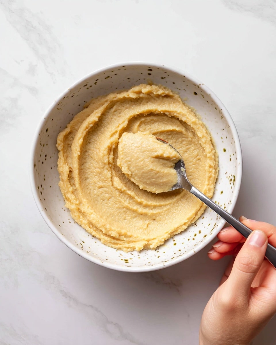 The image shows a white speckled bowl filled with a smooth, light beige paste that has a soft and creamy texture. The paste is evenly spread inside the bowl with gentle spoon marks visible on its surface. On the right side of the bowl, a spoon is held by a woman's hand dipping slightly into the paste. The bowl is placed on a white marbled surface that adds a clean and bright background to the image. photo taken with an iphone --ar 4:5 --v 7