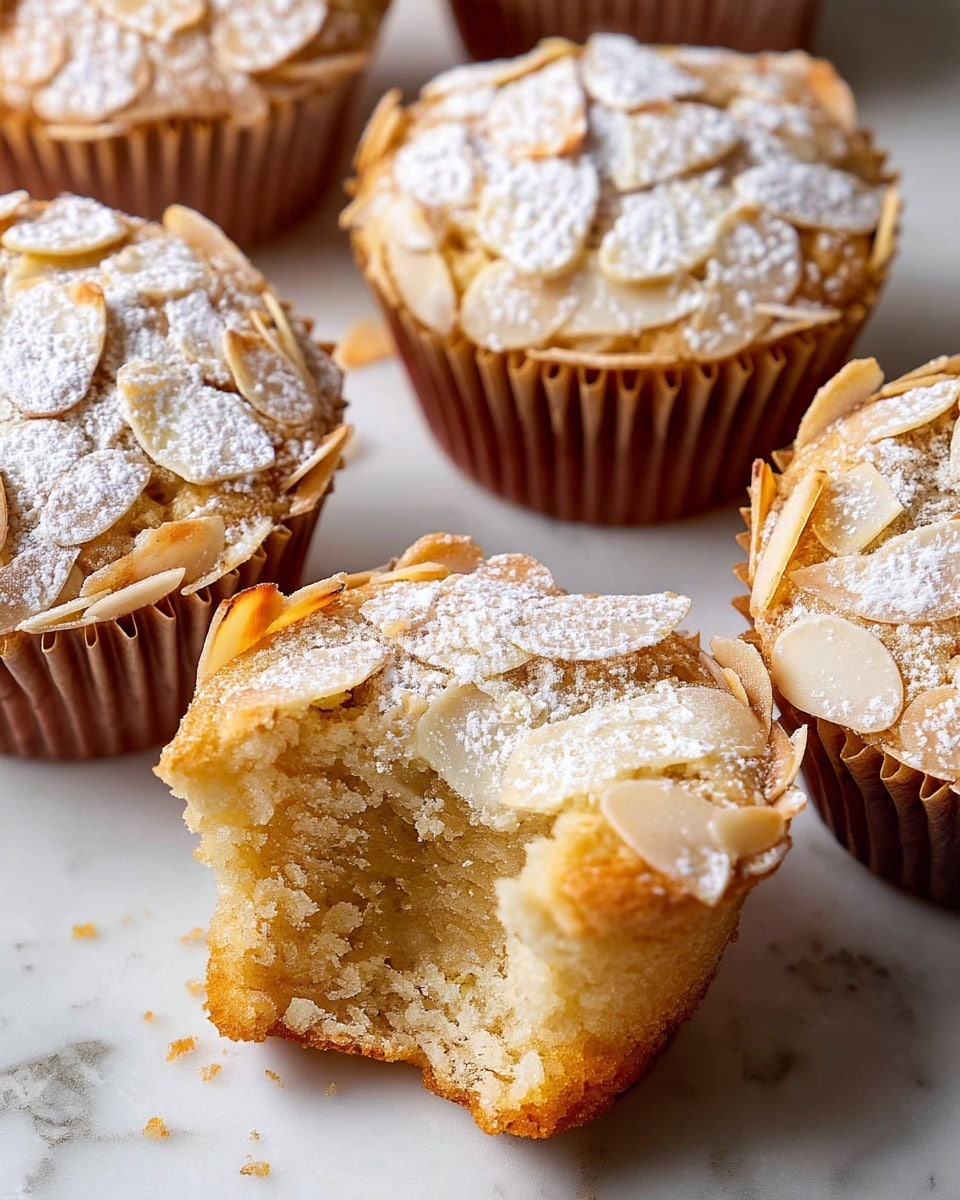 The image shows a close-up of light golden almond cupcakes with a rough, soft texture. Each cupcake has one layer topped with thin, light off-white almond slices that cover the surface and are slightly crispy. A light dusting of white powdered sugar is spread on top, adding a delicate look. The cupcakes are wrapped in brown paper liners and are placed on a white marbled surface. One cupcake in the center is taken a bite from, showing the crumbly inside texture clearly. photo taken with an iphone --ar 4:5 --v 7