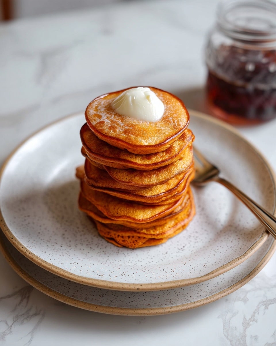 A stack of eight small, golden-brown pancakes is placed on a white speckled plate with a beige rim, with the top pancake topped with a small dollop of white butter melting slightly. The pancakes have a soft texture with light crisp edges. A silver fork lies next to the stack on the plate, which is sitting on top of a larger white plate. The background surface has a white marbled texture. In the background on the right side, part of a jar with dark syrup is visible. Photo taken with an iphone --ar 4:5 --v 7