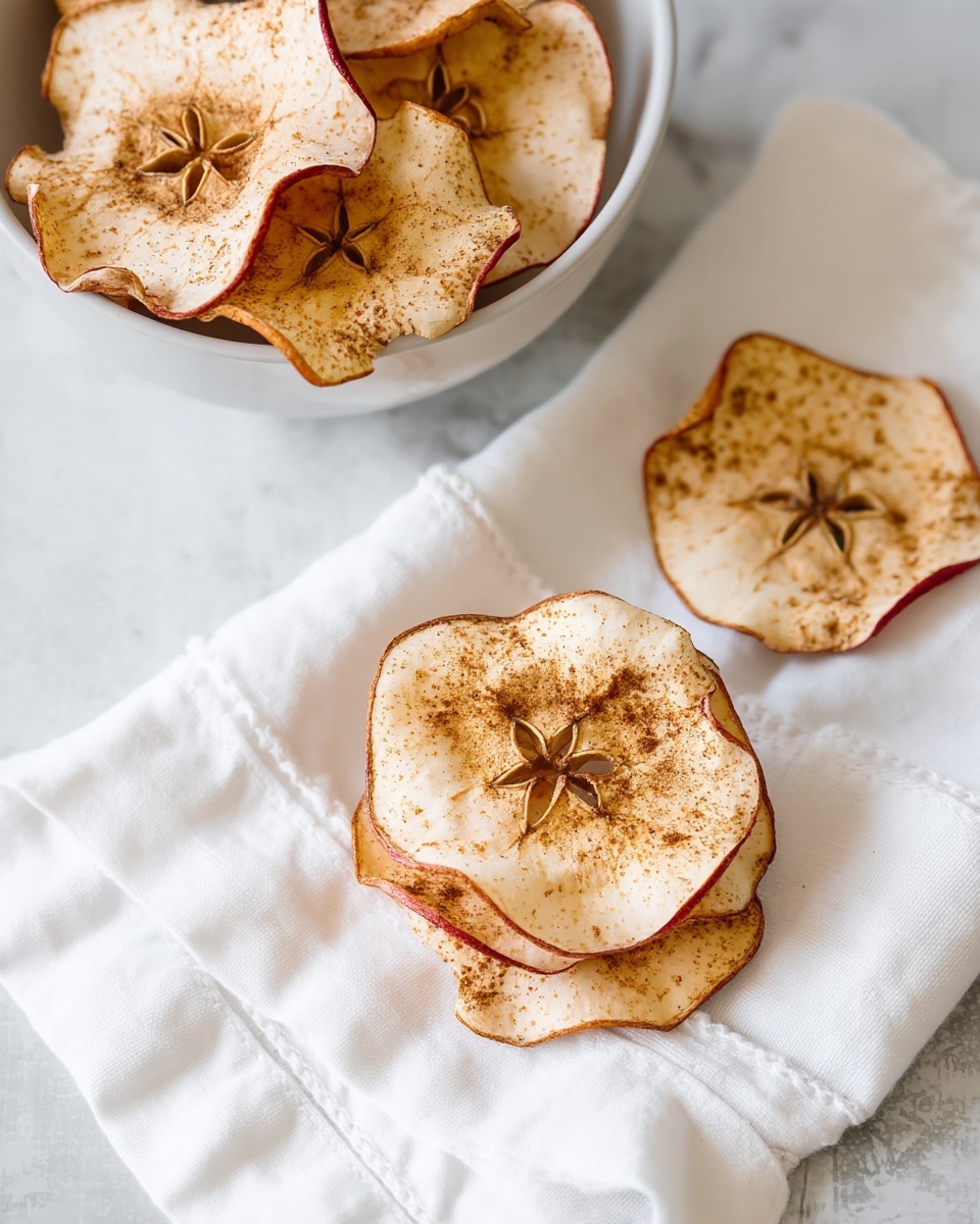 The image shows thinly sliced dried apple chips sprinkled with cinnamon powder. There are two small stacks of these light beige apple chips with dark cinnamon specks placed on a white cloth with subtle texture, which rests on a white marbled surface. In the upper part of the image, more apple chips fill a white bowl, visible only partially. The apple slices have ruffled edges with a reddish tint from the apple skin, and the center of each has a star-shaped pattern where the core was removed. The overall look is cozy and simple with natural colors. photo taken with an iphone --ar 4:5 --v 7