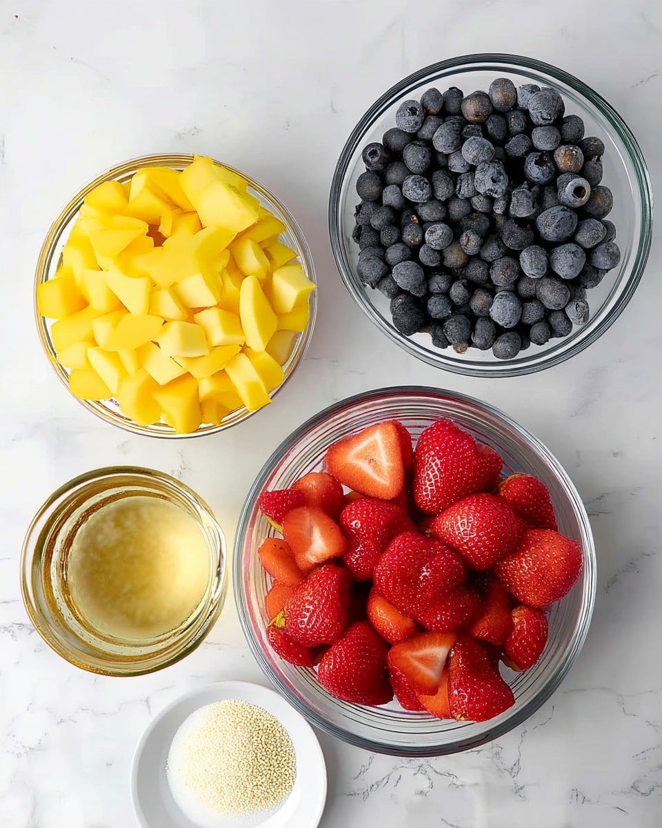 Three clear glass bowls sit on a white marbled surface, arranged in a slight triangle. The top left bowl is filled with small, bright yellow diced pieces, the top right bowl holds round, dark blue blueberries with a frosty texture, and the bottom bowl contains red strawberries, some whole, some sliced in halves or quarters, showing their seeds and juicy flesh. Near the bottom left corner, a small clear glass container holds a pale yellow liquid, and below it sits a small white dish with fine white granules inside. The photo taken with an iphone --ar 4:5 --v 7