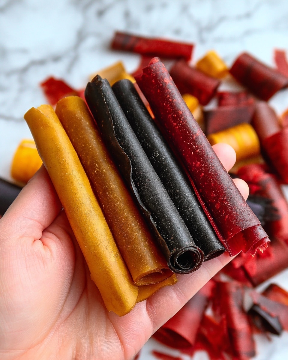 A woman's hand holds three rolled fruit leather pieces close to the camera, each rolled tightly into small tubes. The fruit leather rolls are in black, golden yellow, and dark red colors with smooth, slightly shiny textures. In the background, many more fruit leather rolls of the same colors lay scattered on a white marbled surface, creating a colorful and textured backdrop. Photo taken with an iphone --ar 4:5 --v 7