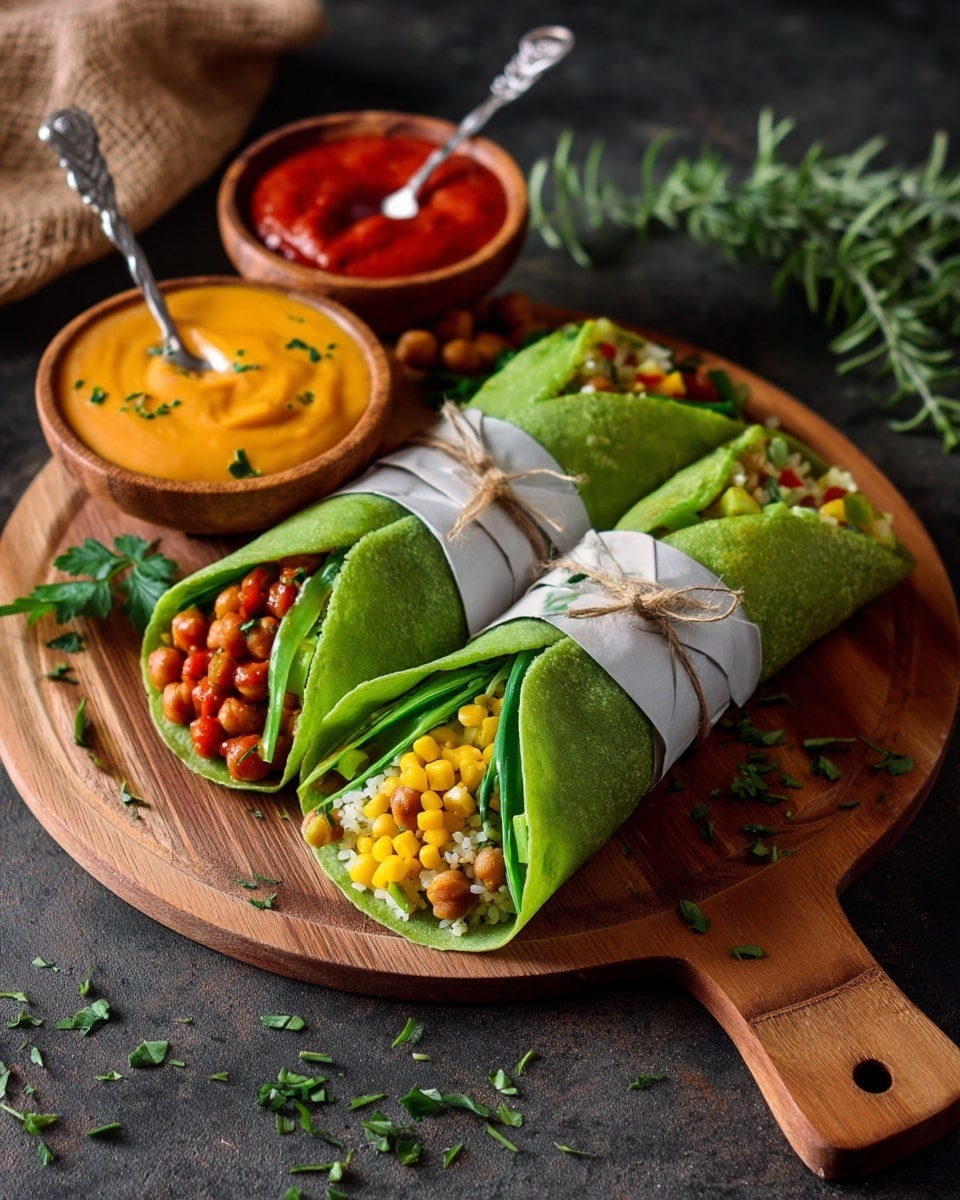 Four green wraps are shown on a round wooden board with a handle, each wrapped halfway with white paper tied with string near the top. Inside each wrap, layers include green vegetables, red sauce, chickpeas, yellow corn, white grains, and a creamy yellow sauce with chopped green herbs on top. Behind the wraps, two small round wooden bowls hold thick red and yellow sauces with small silver spoons in them. A few green herb sprigs are scattered on the board and around it against a dark background with a coarse cloth partially visible in the top left corner. Photo taken with an iphone --ar 4:5 --v 7