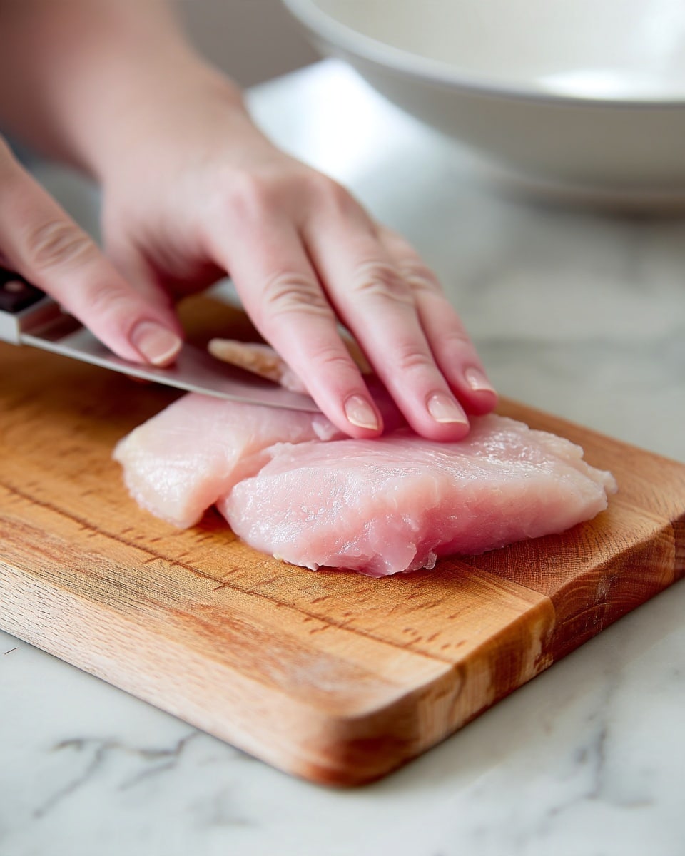 A pair of woman's hands are shown holding a knife and pressing down on a piece of light pink raw meat placed on a wooden cutting board. The meat has a smooth, slightly shiny texture. The knife blade is shiny silver and positioned under the piece of meat. The board rests on a white marbled surface, with part of a white bowl visible on the right side in the background. photo taken with an iphone --ar 4:5 --v 7