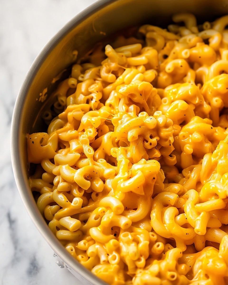 A close-up view of creamy macaroni and cheese inside a pot, showing soft elbow pasta fully covered in smooth, bright orange cheese sauce. The cheese sauce looks thick and slightly shiny with tiny bits of black pepper scattered on the pasta. The pasta shapes are curled tubes tightly packed together. The background is a white marbled texture. photo taken with an iphone --ar 4:5 --v 7