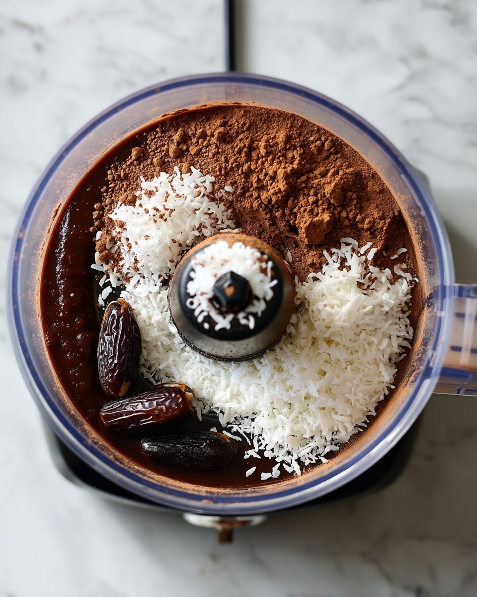 A transparent food processor bowl showing three layers of ingredients: the bottom layer is a few whole dark brown dates and some shredded white coconut, above that is a thin layer of thick dark brown paste or syrup, and the top layer is a dusting of light brown cocoa powder spread unevenly across the surface. The food processor blade is visible in the center with some coconut flakes stuck to it. The machine base is black, and the whole setup is on a white marbled surface. photo taken with an iphone --ar 4:5 --v 7