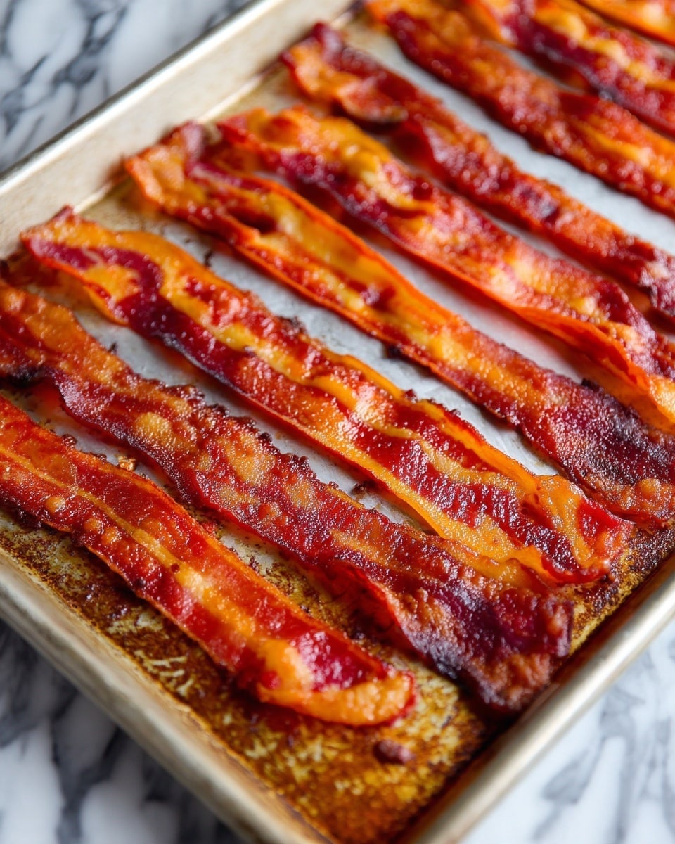 The image shows several long strips of crispy cooked bacon laid out side by side on a baking sheet. The bacon has a rich reddish-brown color with some darker edges, giving it a slightly shiny and crunchy texture. The bacon strips are evenly spaced and cover most of the baking sheet, which rests on a white marbled surface. The focus is close-up, emphasizing the texture and color contrast of each strip of bacon. photo taken with an iphone --ar 4:5 --v 7