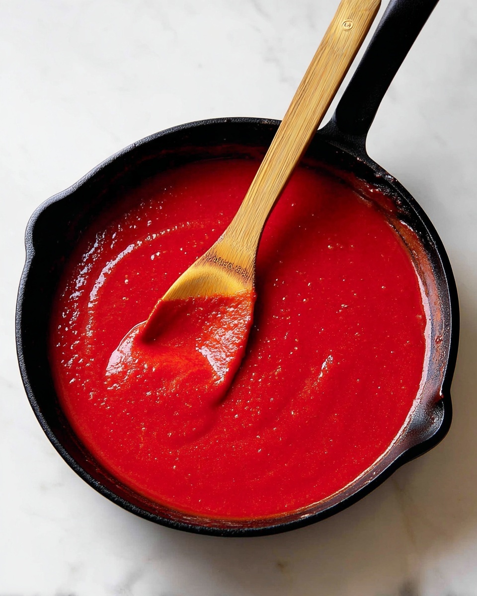 A black cast iron pan filled with a smooth, thick, bright red sauce that fills the pan evenly. A light brown wooden spatula rests inside the pan, partially dipped in the sauce with some sauce coating the flat part of the spatula. The pan sits on a white marbled surface with some faint sauce marks around the edge. Photo taken with an iphone --ar 4:5 --v 7