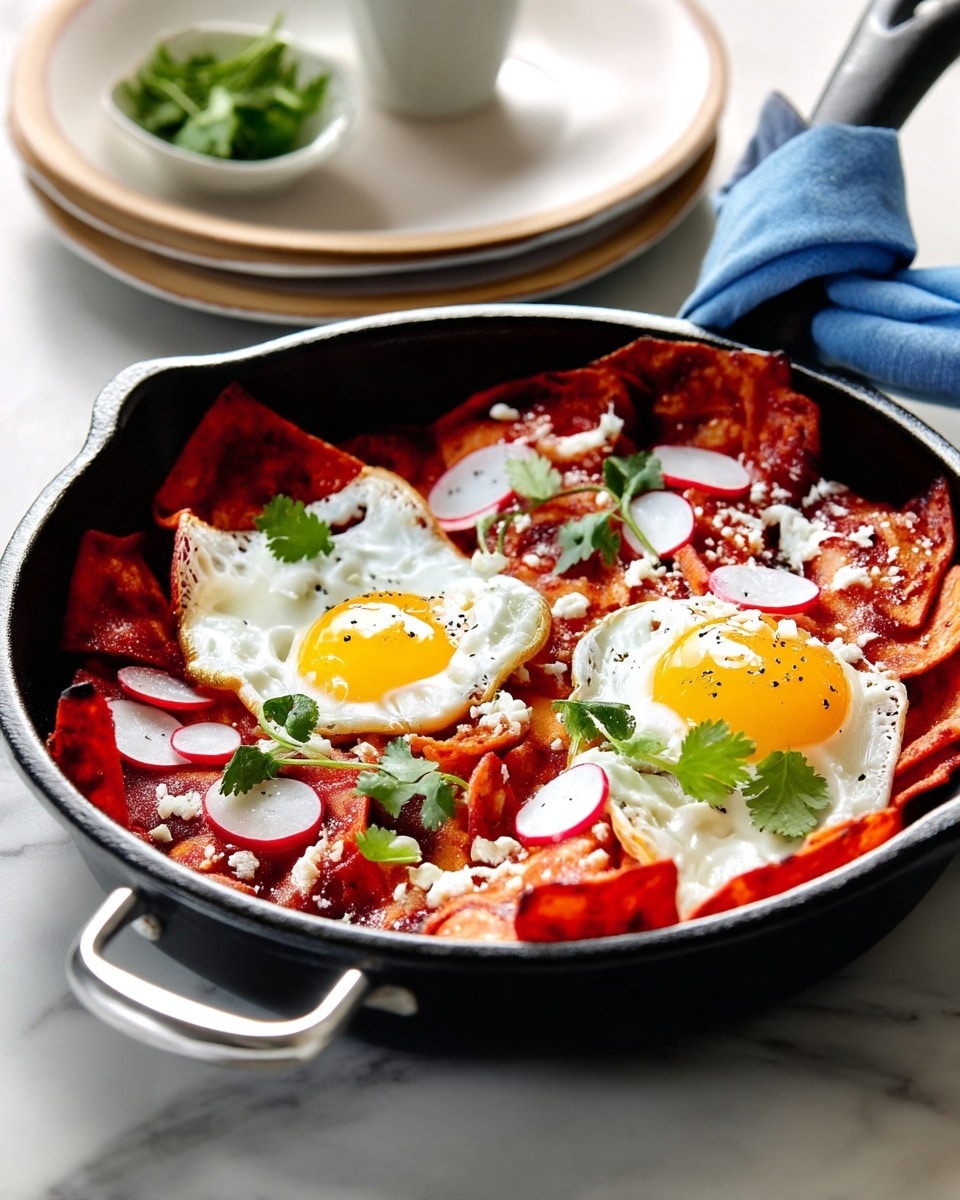 A black pan holds a dish with one layer of red tortilla chips covered in red sauce, topped with two sunny-side-up eggs with bright yellow yolks and white cooked edges. Thin slices of radish are scattered on top along with small green cilantro leaves and white crumbled cheese. The pan handle is wrapped with a blue cloth and it sits on a white marbled surface. In the background, a small white bowl with green herbs rests on stacked beige plates. Photo taken with an iphone --ar 4:5 --v 7