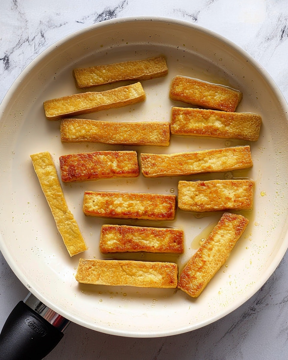 The image shows a white pan on a white marbled surface, with twelve rectangular golden brown tofu strips evenly spread inside the pan. The tofu strips have a slightly crispy texture and vary slightly in shade from light golden to a deeper brown on their sides. Small drops of oil can be seen glistening around the pieces, giving a shiny look to some parts of the pan's surface photo taken with an iphone --ar 4:5 --v 7