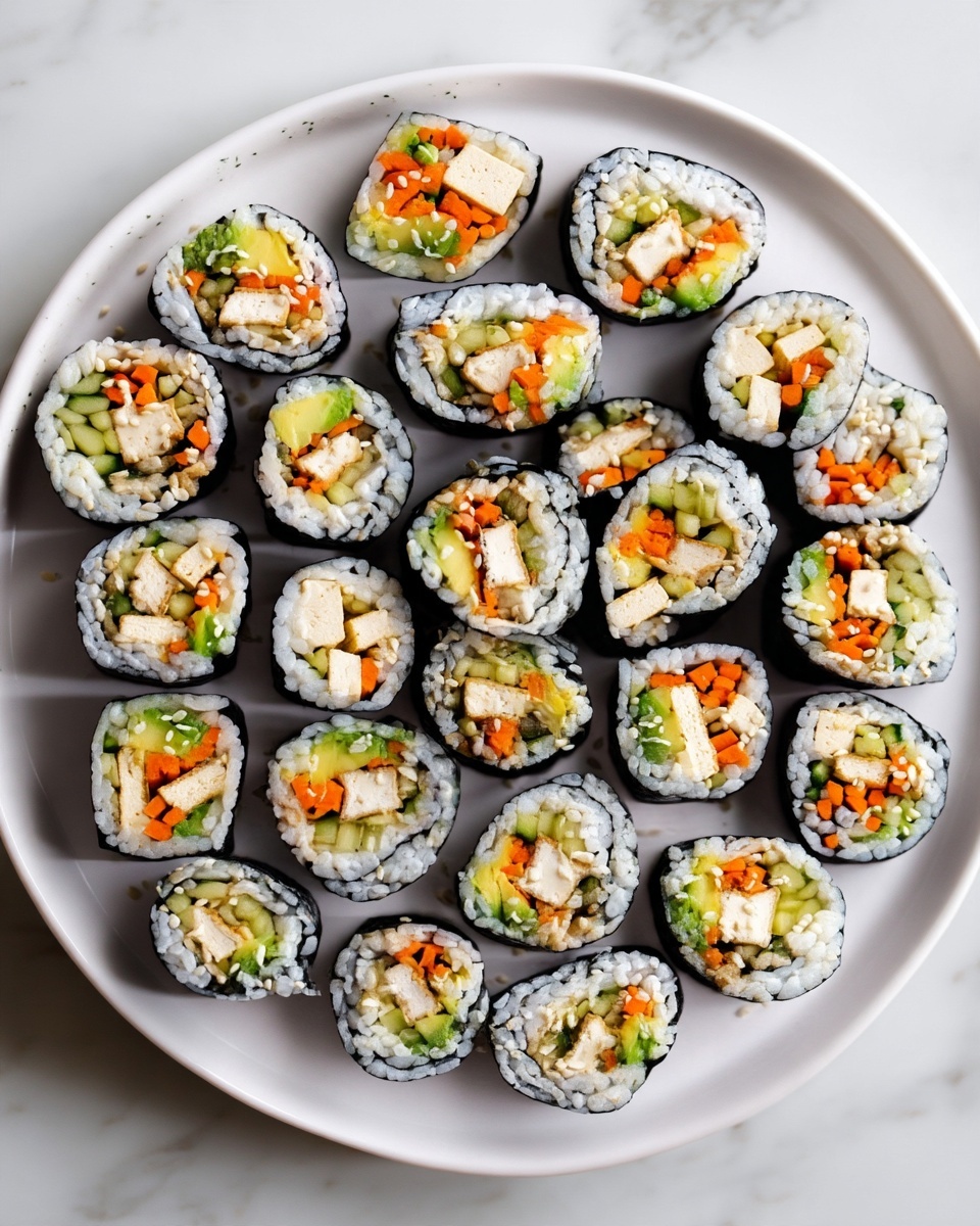 A group of sushi rolls neatly arranged on a white plate, each roll showing three main layers: a thin black seaweed outer layer, a thick layer of white sushi rice speckled with white sesame seeds, and the colorful inner fillings. The fillings are cut into small sticks and cubes, consisting of white tofu, bright orange carrot strips, light green cucumber, and avocado. The sushi pieces are tightly packed and uniformly sliced, resting on a white marbled surface. photo taken with an iphone --ar 4:5 --v 7