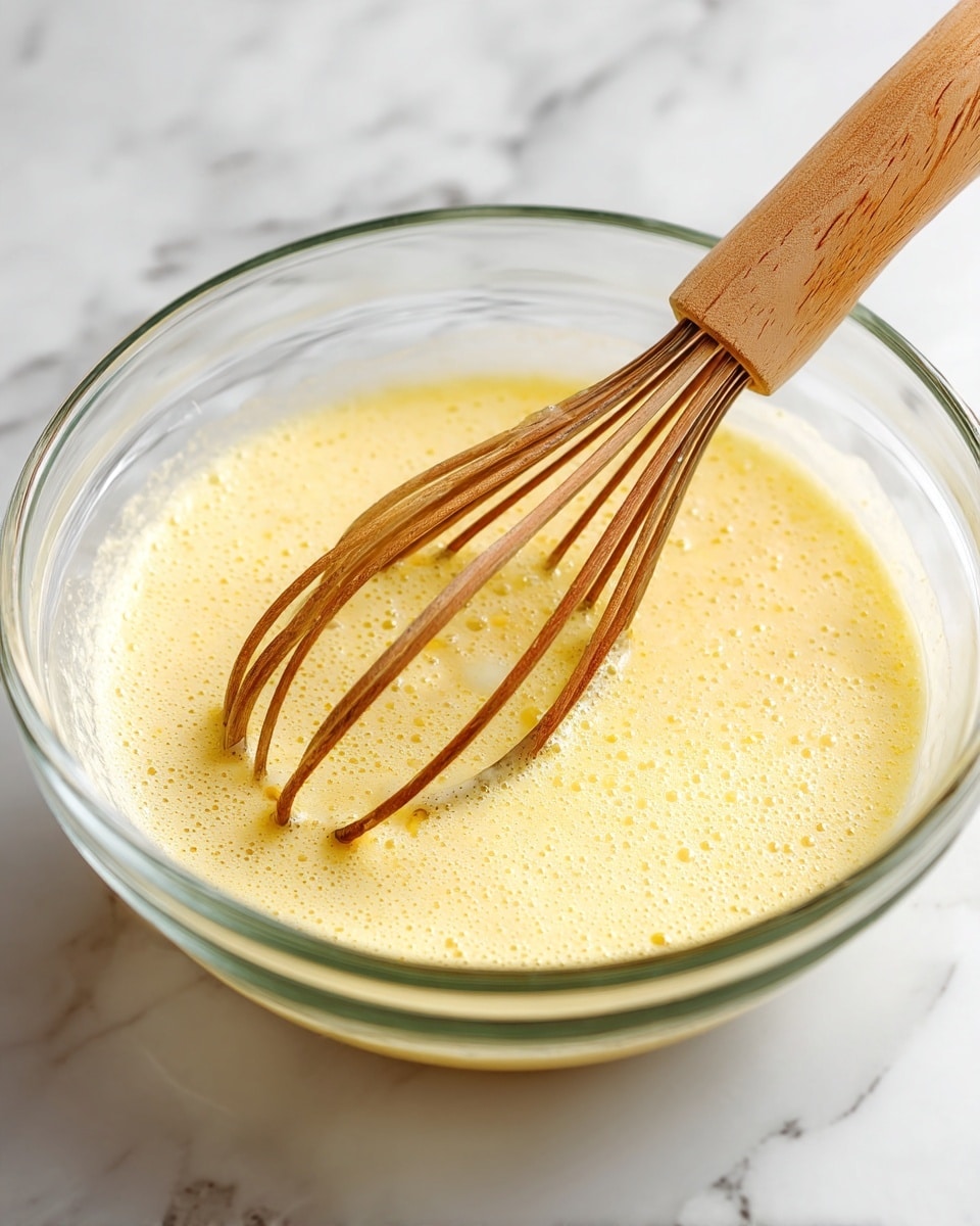A clear glass bowl with a smooth, light yellow mixture inside, being stirred by a wooden whisk with metal loops. The bowl is placed on a white marbled surface, and the texture of the mixture looks soft and frothy. photo taken with an iphone --ar 4:5 --v 7