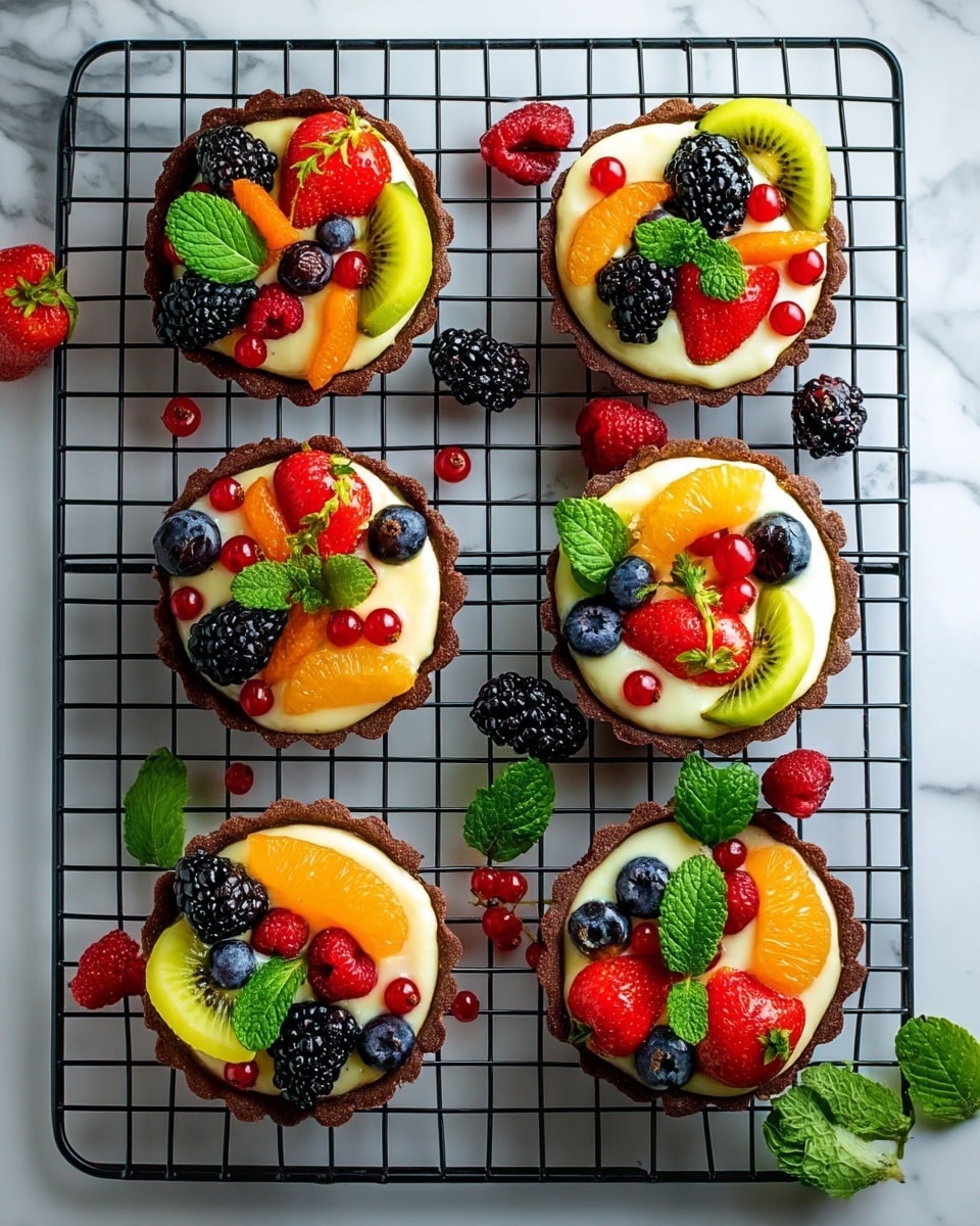 The image shows six small fruit tarts placed on a black cooling rack over a white marbled surface. Each tart has three layers: the bottom layer is a dark brown crust, followed by a smooth creamy white filling, topped with a colorful mix of fresh fruit including bright red strawberries, orange segments, dark blackberries, deep blue blueberries, green kiwi slices, red currants, and mint leaves for decoration. The arrangement of fruit varies slightly on each tart. A few loose berries and mint leaves are scattered around the rack on the white marbled surface. photo taken with an iphone --ar 4:5 --v 7
