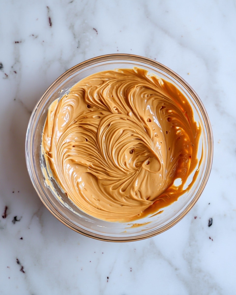 A clear glass bowl contains a single layer of smooth, light caramel-colored creamy mixture swirled with soft waves and textured ridges. The mixture has a shiny look and fills the bowl evenly but does not reach the edges, leaving some clear glass visible. The bowl sits on a white marbled surface with small, scattered dark specks. Photo taken with an iphone --ar 4:5 --v 7