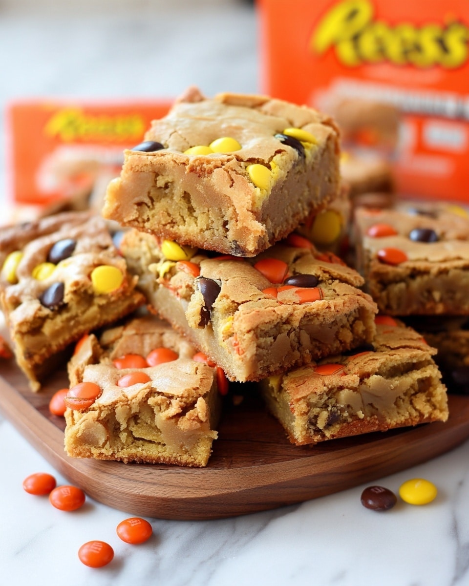 A stack of thick, square blondie bars sits on a wooden tray, each blondie showing a golden-brown, cracked top layer. Scattered across the tops are colorful Reese’s Pieces candies in orange, yellow, and dark brown, embedded into the blondie surface. The blondies have a slightly dense and soft texture with visible crumb detail, and they are piled unevenly with some pieces leaning or resting atop others. The background is bright with a blurred orange Reese's packaging visible behind the stack on a white marbled surface photo taken with an iphone --ar 4:5 --v 7