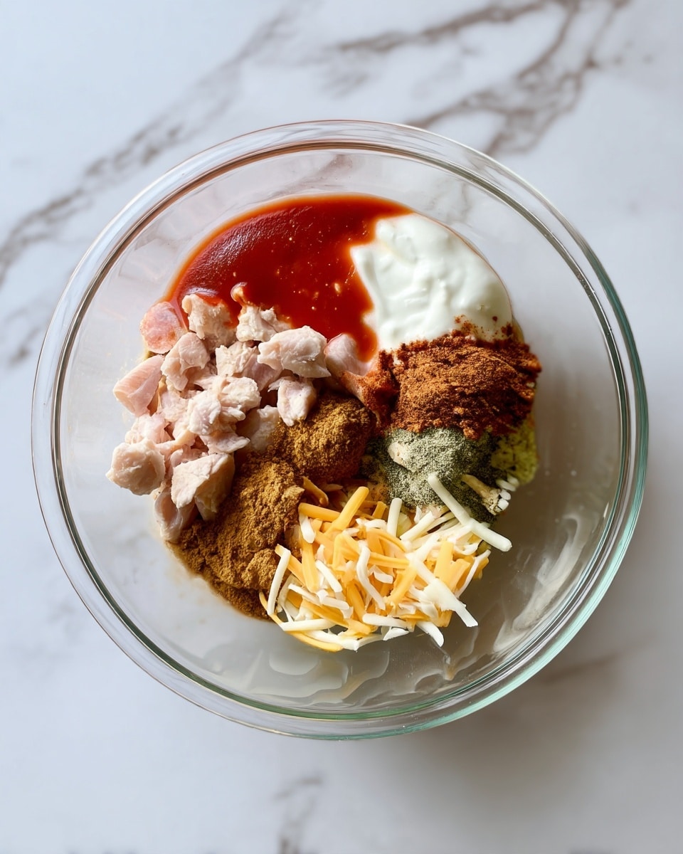 A clear glass bowl sits on a white marbled surface with six separate layers inside. At the bottom left, there are small pieces of light pink cooked chicken. Above that to the left is a thick, smooth red sauce that fills almost a quarter of the bowl. To the right of the sauce is a creamy white layer, which looks like sour cream or yogurt. Next to that, on the far right, there is a pile of brown powder that looks like seasoning. Below this is a smaller pile of greenish herb seasoning, slightly crumbly in texture. At the bottom right, there is a mix of shredded yellow and white cheese. The layers are neat and separate, showing clear detail of each ingredient photo taken with an iphone --ar 4:5 --v 7