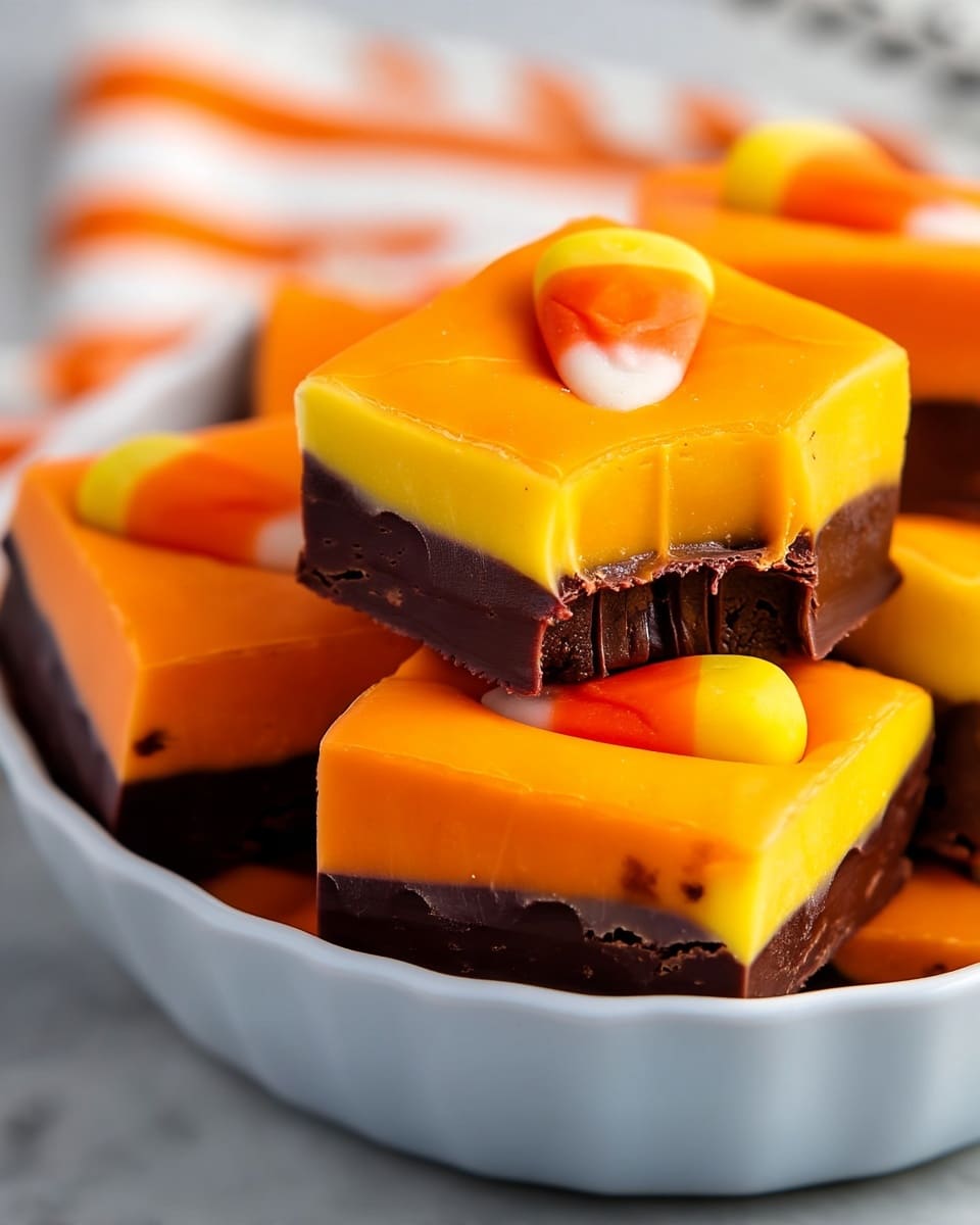 A close-up of several square, two-layered dessert pieces stacked in a white bowl on a white marbled surface; each piece has a thick dark brown bottom layer with a smooth texture and a bright orange top layer that is shiny and firm. On top of each orange layer sits a small candy shaped like a candy corn, showing yellow, orange, and white colors. One piece has a bite taken out of it, revealing the dense texture of the dark brown bottom and the creamy texture of the orange top. The background is softly blurred with some striped decorations visible. Photo taken with an iphone --ar 4:5 --v 7