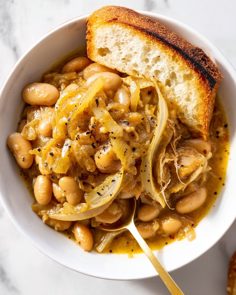 A close-up view of a thick stew served in a white bowl, showing two main layers: a base layer of smooth, light beige beans and a top layer of sautéed, translucent onion slices mixed with the beans, all coated in a glossy, golden-brown sauce with visible black pepper specks. A gold spoon is partially submerged in the stew on the right side of the bowl. The bowl sits on a white marbled surface with some bread pieces partially visible at the edges. photo taken with an iphone --ar 4:5 --v 7