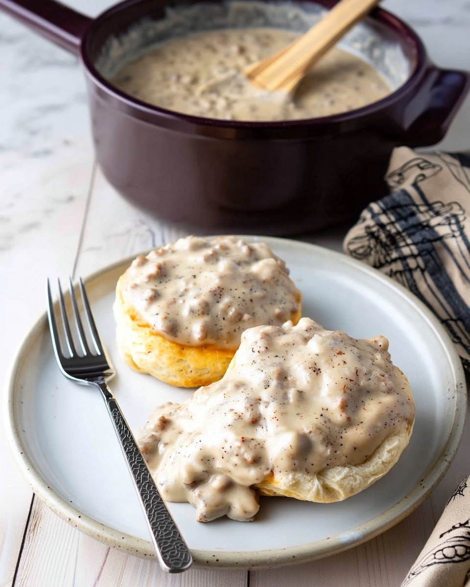 The image shows two soft biscuits on a white plate, covered with thick, creamy sausage gravy that has small chunks of sausage and specks of black pepper all over. The gravy spreads unevenly across the biscuits and onto the plate. Next to the biscuits is a silver fork with a textured handle. In the background, there is a dark brown pot filled with the same creamy sausage gravy, with a wooden spoon resting inside it. The surface is a white marbled texture, and there is a beige cloth with black patterns near the plate. Photo taken with an iphone --ar 4:5 --v 7