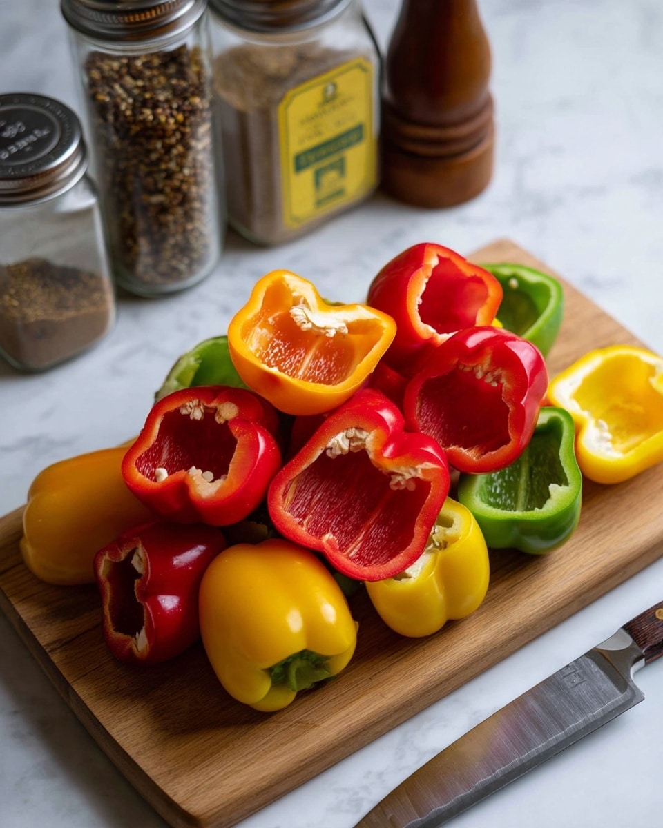 The image shows many peeled bell pepper halves in red, yellow, and green colors layered in a pile on a wooden cutting board. Each bell pepper half reveals a smooth shiny inside with some white inner parts visible but mostly clean. Behind the peppers, there are various spice containers and jars standing close together, including a salt box and a mustard seed container. On the right side of the board, two green and brown peppers are placed, and a serrated knife lies near the bottom right corner. The background surface is a white marbled texture. Photo taken with an iphone --ar 4:5 --v 7