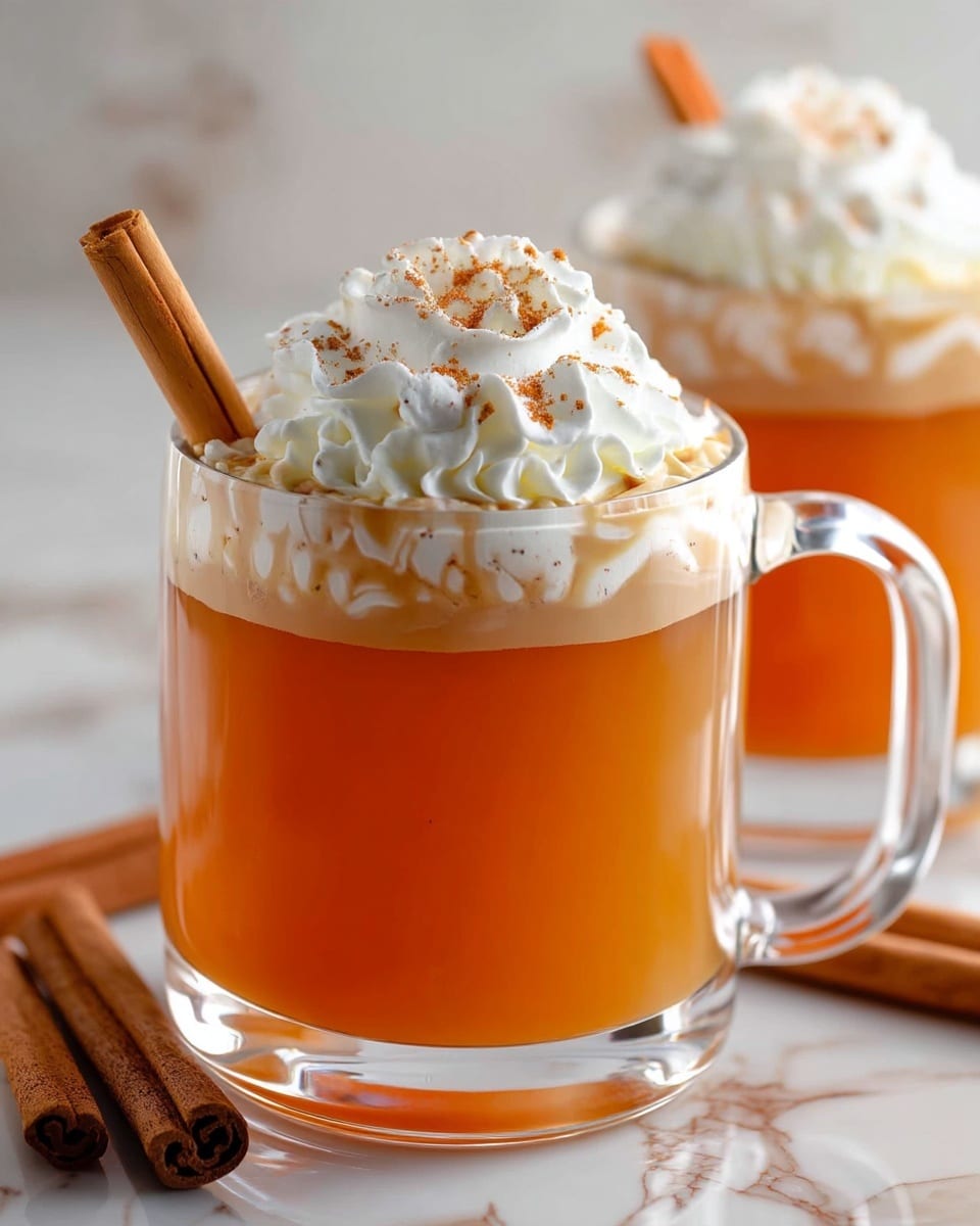 The image shows a clear glass mug filled with a light brown, smooth drink with a thin foamy layer on top. The mug has a sturdy handle on the right side and is placed on a white marbled surface. In the background, there is a partially visible clear glass bottle filled with the same light brown liquid and a smaller glass also containing the drink. Two brown cinnamon sticks lie on the surface in front of the mug, and some delicate green pine needles are positioned near the bottom right corner. The overall colors are warm and inviting, with soft natural light. Photo taken with an iphone --ar 4:5 --v 7