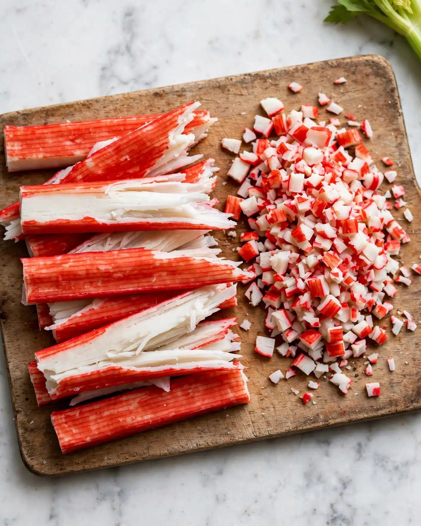 Creamy Crab Salad with Fresh Dill Recipe 4 A wooden cutting board placed on a white marbled surface holds two groups of layered crab sticks. On the left, there are larger torn pieces showing a bright red and white color with a smooth texture. On the right, many small chopped pieces display a mix of red edges and white centers, creating a rough texture. The top right corner shows a hint of a green celery stalk. photo taken with an iphone --ar 4:5 --v 7