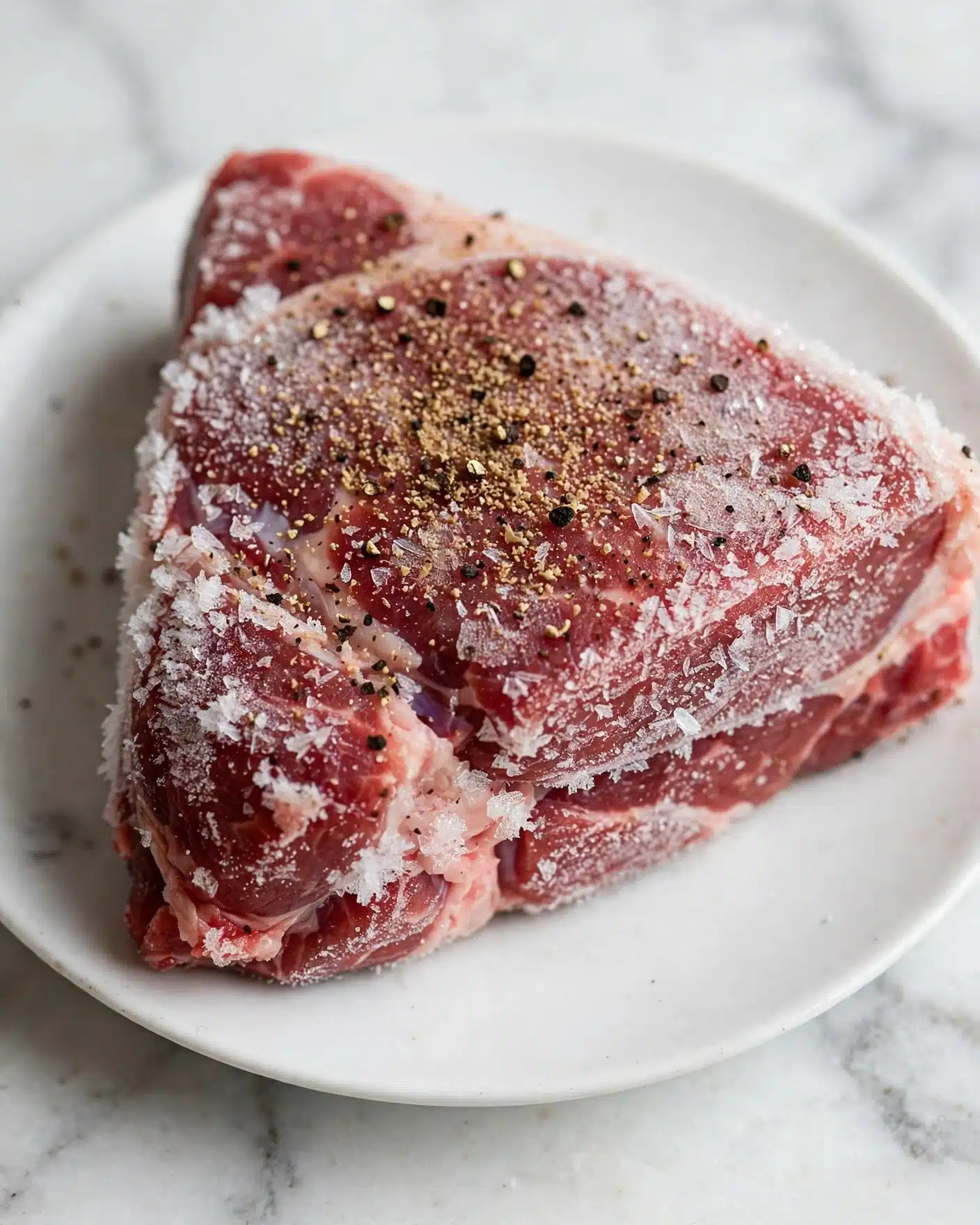 A close-up of a raw triangular piece of red meat lightly covered with white frost and sprinkled with black pepper and light brown seasoning on top, placed on a white plate. The white marbled surface underneath is slightly visible around the plate edges. photo taken with an iphone --ar 4:5 --v 7